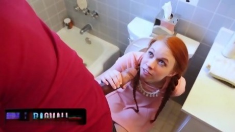 Ginger pigtailed teen with petite body and tiny pussy is fucked hard buy friend's dad