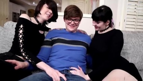 Emo threesome with a nerd and a real shemale