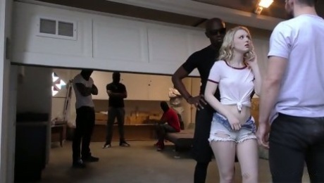 Always sex-hungry harlot Lily Rader is fucked by several black dudes in masks