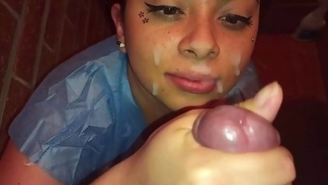 Latina girl being enthusiastic about blowjob and gets facial pov